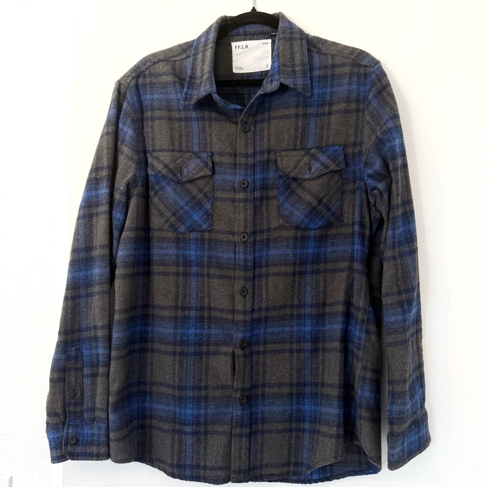 F.F LA Men's Casual Blue and Grey Plaid Flannel Shirt Large